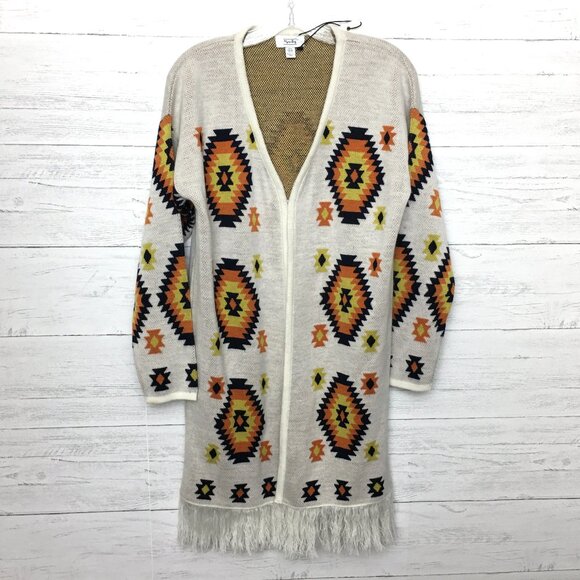 NEW Myra Bags Aztec Print Cardigan Sweater Western Orange Brown Hem Fringe XL - Picture 1 of 8